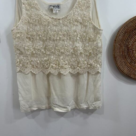 Vintage Y2K 2000s Surya White Beaded Sequins Lace Oversized Tank Top Small - Picture 4 of 7